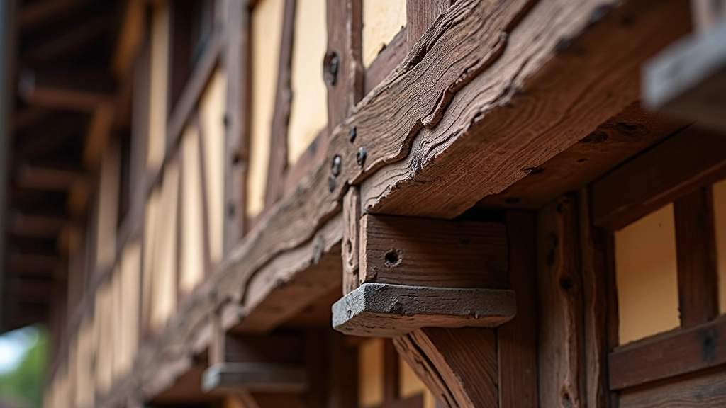 Detailní pohled na architektonické prvky fachwerku se zřetelnými trámy, spojeními a vyplňovacím materiálem
