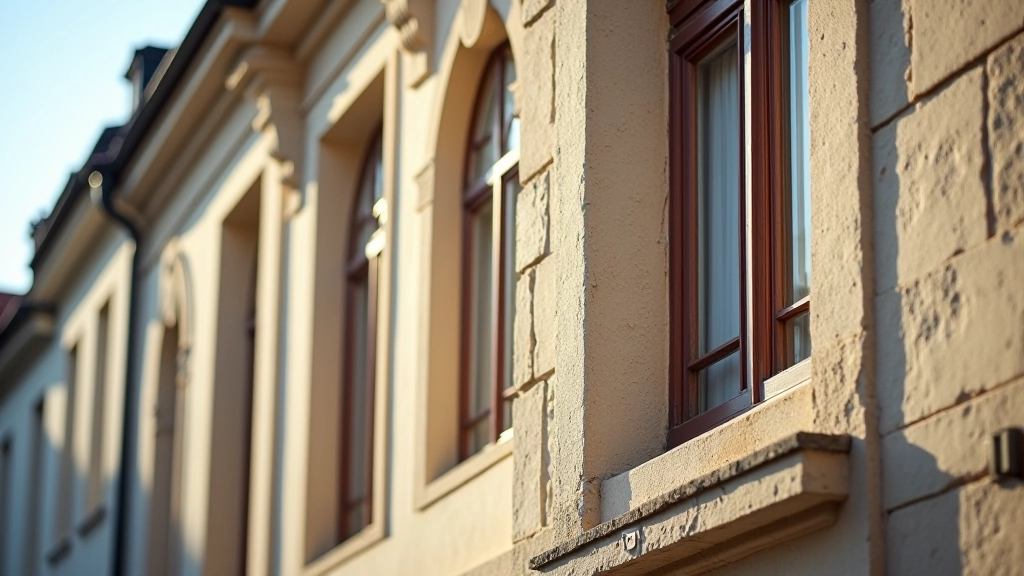 Detailní snímek staré architektury s gotickými prvky a tradičními okny
