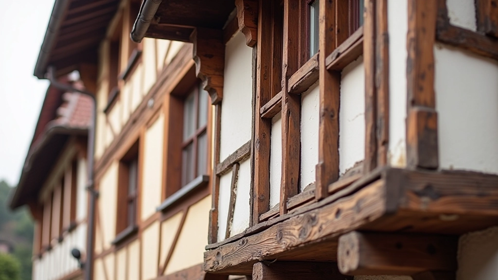 Detail tradiční hrázděné konstrukce s dřevěnými nosníky v Chebu