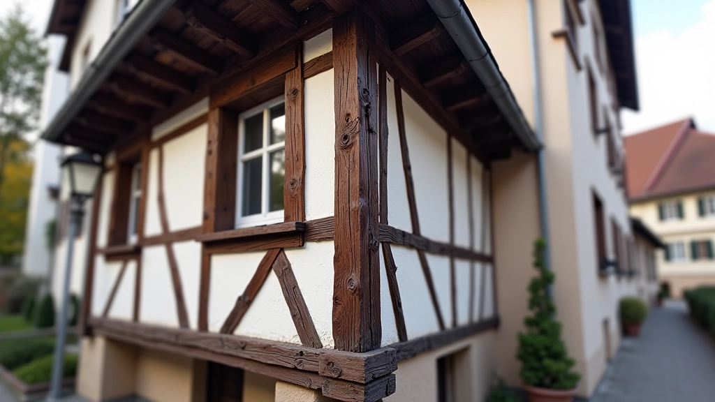 Fasáda staré stavby s charakteristickými černými trámy a světlou omítkou v tradiční architektuře fachwerku
